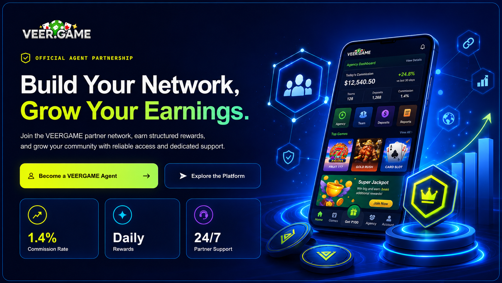 VEERGAME agent dashboard displayed on a smartphone with partnership growth graphics
