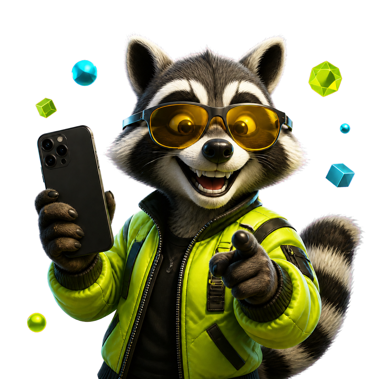 VEERGAME raccoon mascot holding a smartphone